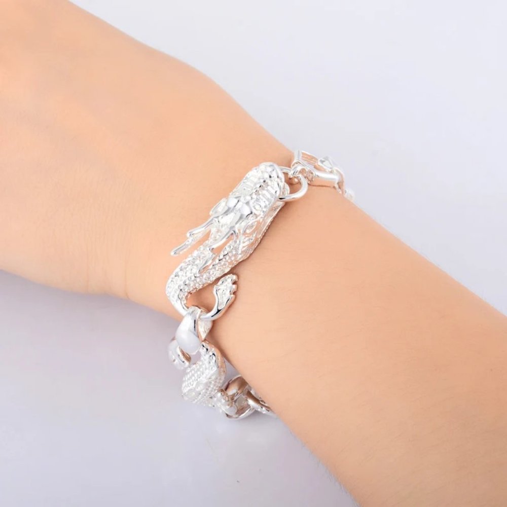 Stunning Full Big Dragon 8" Sterling Silver Stamped Bracelet - Picture 2 of 8